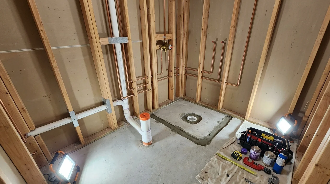 Bathroom rough-in plumbing during remodel by Johns Plumbing LLC in Springfield Gardens