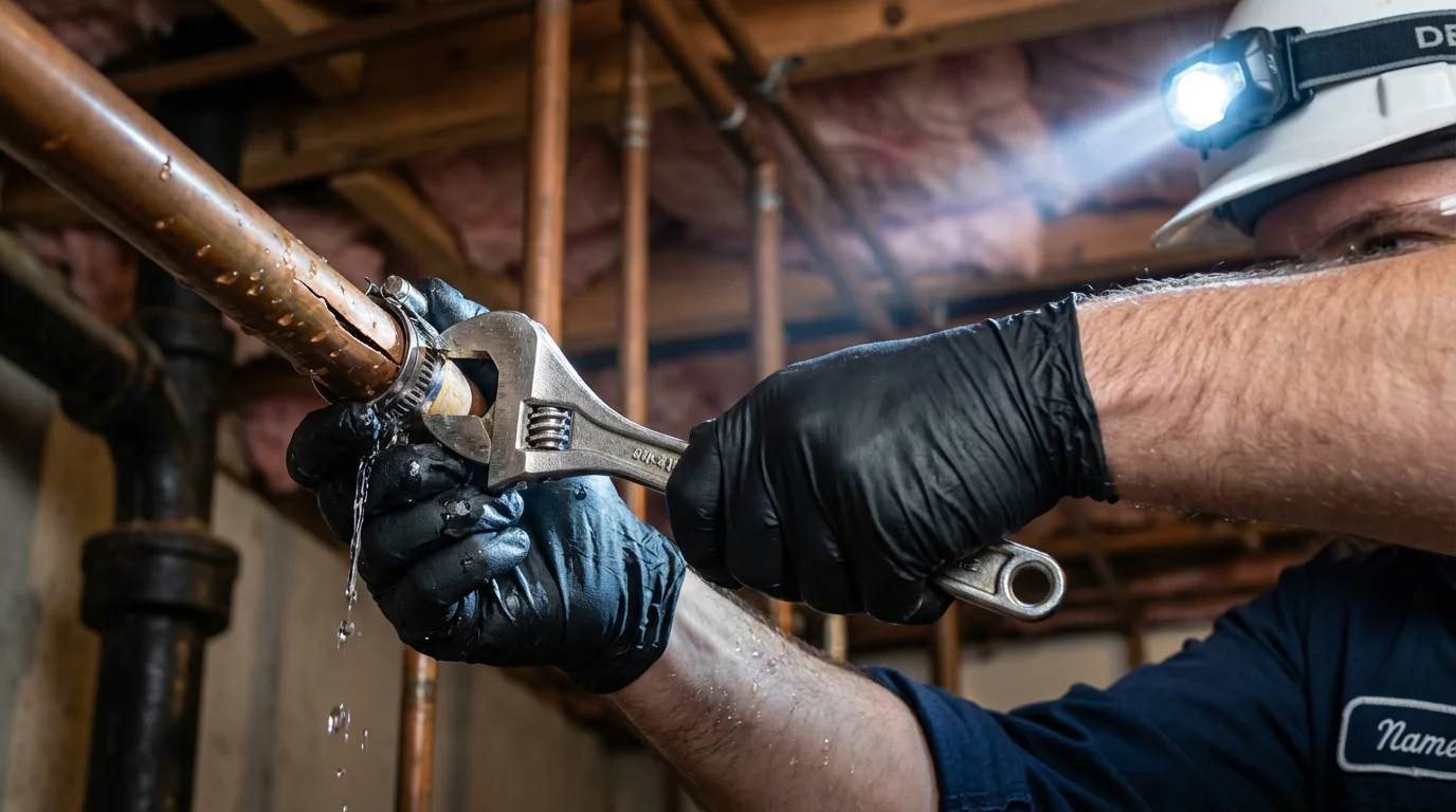 Emergency pipe clamp repair being performed by a Johns Plumbing LLC plumber in Springfield Gardens